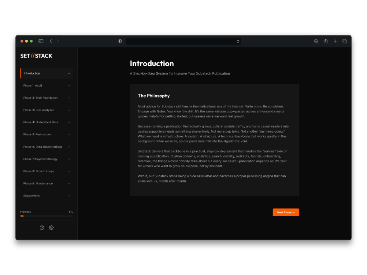 SETSTACK app interface showing the Introduction phase with philosophy and system overview